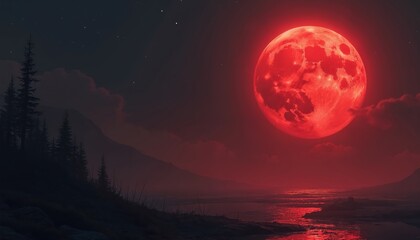 Huge red blood moon glows brightly in dark night sky. Light reflects on still water surface below. Silhouettes of distant mountains, pine trees line horizon. Mysterious celestial night scene with