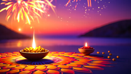 Diwali festival celebration with illuminated diyas and fireworks over water