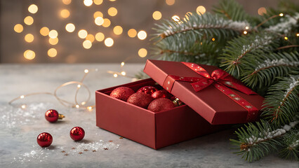 Festive red gift box with ornaments and pine branch decoration