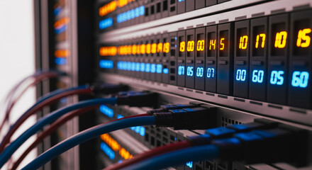Explore the intricate realm of technology with this close-up of a server, depicting a high-tech data center, emphasizing connectivity and digital infrastructure.