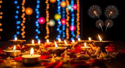 Beautiful Deepavali Arrangement Featuring Multiple Burning Diyas on the Floor with Floral Decorations and Sparkling Firework Bursts in the Night Sky