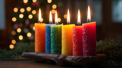 Colorful advent candles lit on a wooden stand with festive bokeh lights