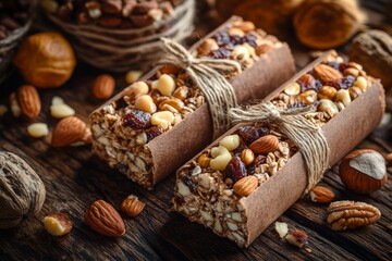 Fototapeta premium selective focus granola bars with nuts and dates in eco packaging