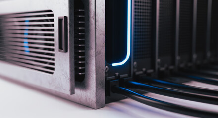 A close-up shot of a server rack, with cables connected, suggesting a complex network, data storage, and efficient performance.