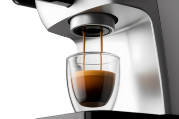Close up of fresh hot espresso coffee being brewed and poured into a clear double walled glass cup isolated on transparent background