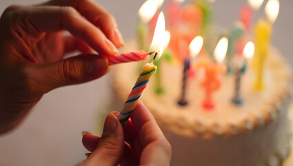Close up of hands lighting colorful birthday candles on a cake