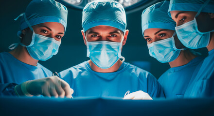 An experienced surgical team concentrated within an operating room, meticulously performing a critical procedure under the intense scrutiny of focused surgical lighting, embodying skill and expertise.