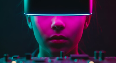 A person, immersed in virtual reality, is illuminated by vibrant neon hues, embodying the future of technology and digital exploration.