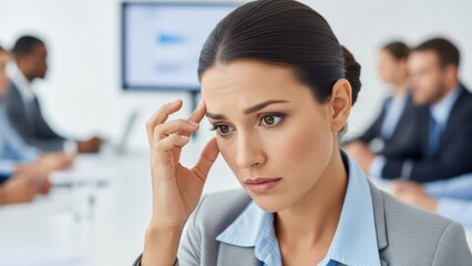 Worried young female executive in meeting with colleagues