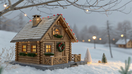 Cozy illuminated log cabin nestled in a snowy winter wonderland