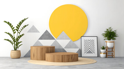 Minimalist interior with wooden podiums and plants in a bright room