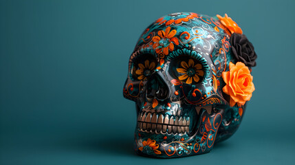 Day of the Dead Sugar Skull with Orange Flowers on Teal Background