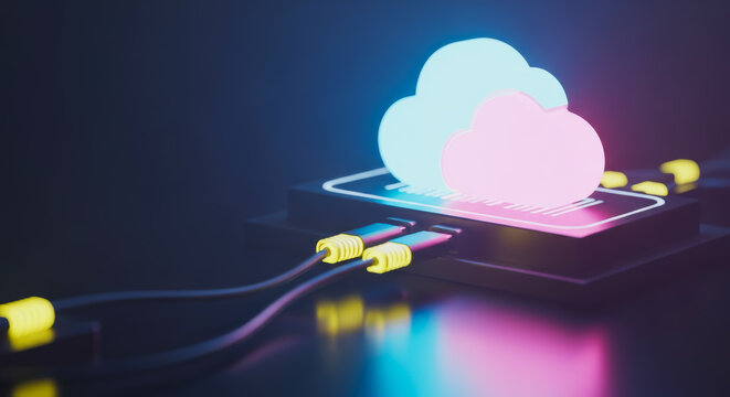 A digital cloud with glowing effect, representing a innovative technology, with fiber optic cables connected.