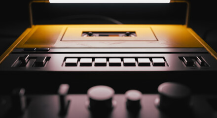 A vintage cassette player, in the dim light of a retro style, evokes nostalgia and music history. The machine with a warm glow, inviting viewers into an era of analogue charm.