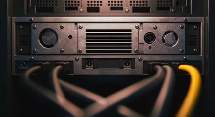 Close-up on modern server hardware, with network cables plugged in, showcasing technology.