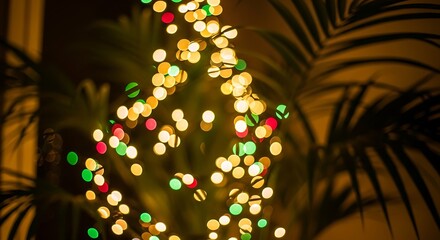 Warm Festive Bokeh Close-up of golden and multicolored Christmas lights wrapped around a houseplant, creating a vibrant, soft bokeh effect