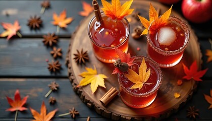 Autumnal cocktail drinks displayed. Beverages contains apples, maple syrup, cinnamon, autumn leaves. Concept for thanksgiving day celebration. Perfect beverage for menu designs promo flyer. Drinks