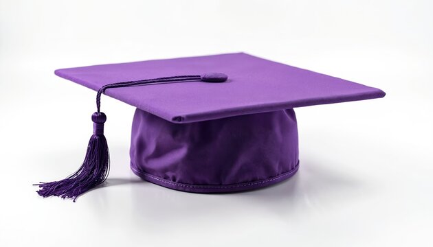 Purple graduation cap with tassel sits on clean white surface. Academic mortarboard symbolizes achievement, successful completion of studies. Ideal for graduation announcements, educational themes.