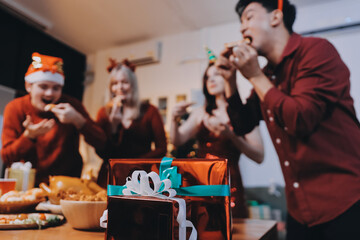 Festive Office Christmas Party with Delicious Food. A beautifully decorated office space with Christmas trees and festive lights, set up for a holiday party.