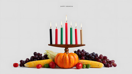Kwanzaa kinara with harvest fruits and vegetables on a light background