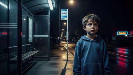 Lonely young boy waiting at night bus stop in rain under streetlights