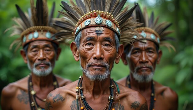 Elderly Dayak men wear traditional feather headdresses and necklaces. They stand in a green forest. Men have tattoos. They represent Borneo tribal culture.