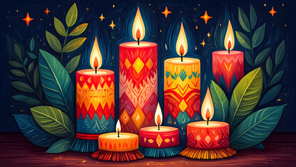 Festive candles with colorful patterns and green leaves at night