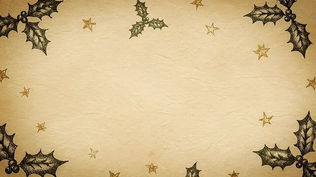 Vintage Parchment Background with Holly and Stars, Christmas Festive Design Elements