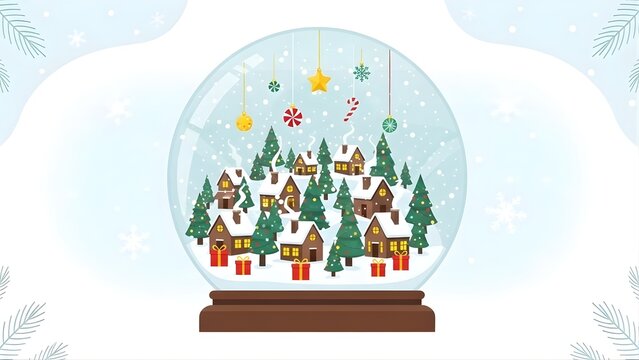 Charming winter village inside a festive snow globe with snow, trees, houses, and hanging ornaments