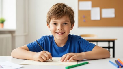 Young boy smiling and drawing in classroom with colored pencils on desk