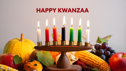 Happy kwanzaa celebration with lit kinara and harvest fruits and vegetables