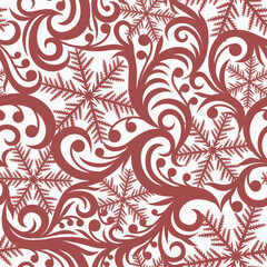 WHITE VECTOR SEAMLESS BACKGROUND WITH CORAL RED SNOWFLAKES AND FROSTY PATTERN
