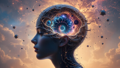 Intricate mindscape portrait revealing inner cosmic consciousness and boundless imagination, a surreal exploration of thought and creativity beyond ordinary limits