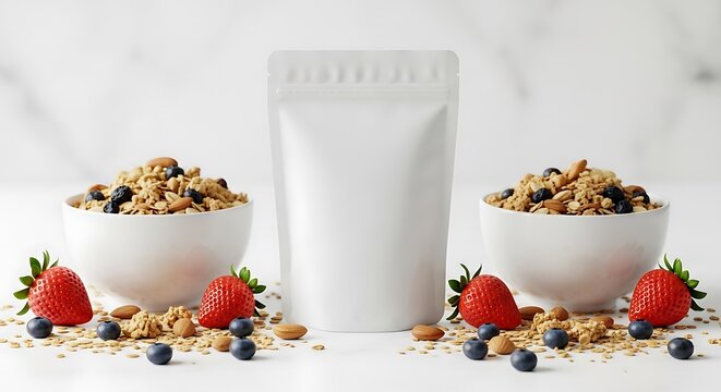Healthy granola with fresh strawberries and blueberries in bowls, surrounded by ingredients, isolated on white background