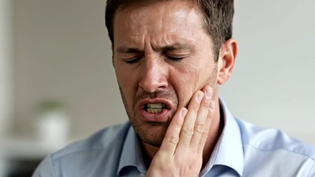 Man Experiencing Severe Toothache Pain and Discomfort: A Close-Up Facial Expression