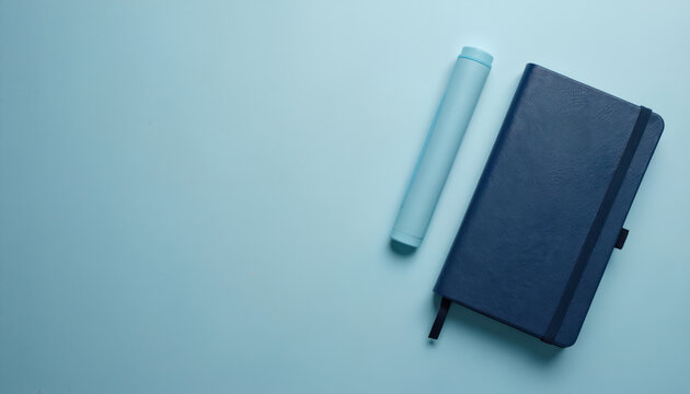Dark blue notebook and pen lie on light blue surface. Flat lay composition with journal. Workspace photo for business idea or student planning. Mockup design, creative concept notebook on table.