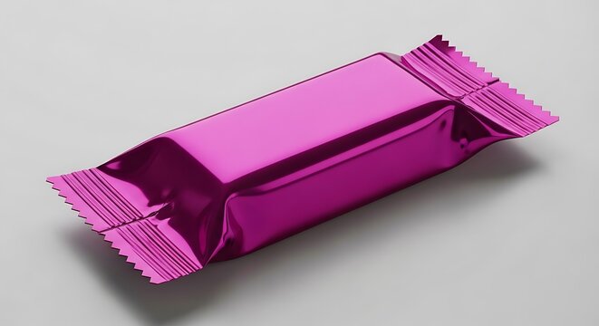 A single, shiny, metallic pink candy bar wrapper, isolated on white background