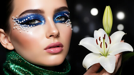 Una hermosa mujer con perlas y maquillaje azul brillante sostiene un lirio.