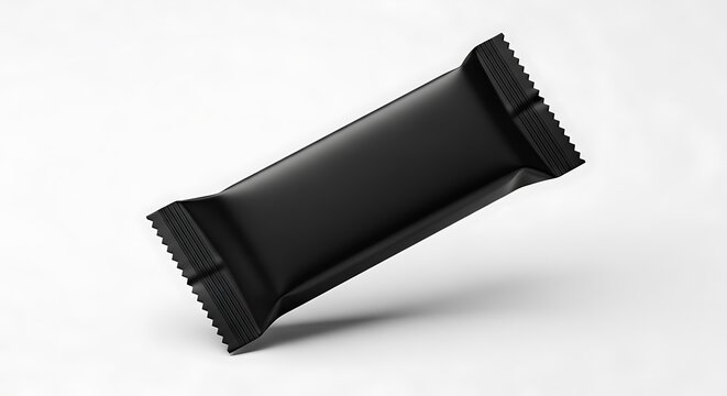 A plain black wrapper for a snack bar, isolated on white background