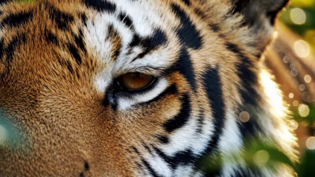 Extreme Close Up Of A Tiger's Eye Showing Incredible Detail Of Fur Stripes And Amber Iris With Golden Sunlight Glinting Through Green Foliage In The Background Creating A Magical Bokeh Effect
