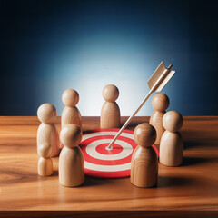 Obraz premium Target audience and marketing focus concept — wooden figurines surrounding bullseye target with arrows hitting center, customer segmentation and targeted advertising strategy illustration