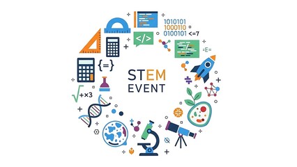 Stem event illustration with educational icons and symbols