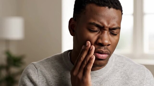 Man Experiencing Severe Toothache, Emotional Pain and Discomfort With Grimace.