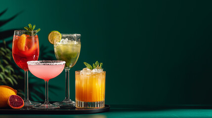 Colorful Cocktail Set With Fresh Citrus and Mint On Dark Green Background