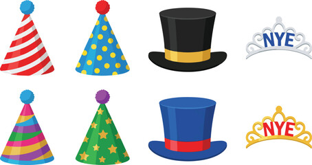 Assorted party hat vector collection, flat New Year headwear and tiara set © Nopal