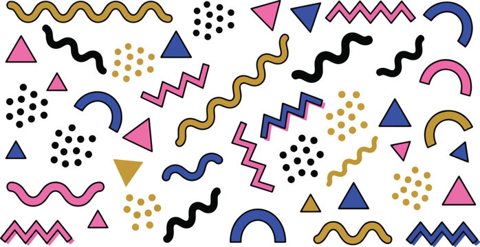 Abstract Memphis style party elements vector set, geometric shapes for New Year backgrounds