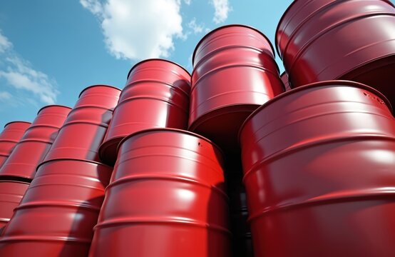 Red oil barrels are stacked outdoors against a bright blue sky. Industrial steel drums store crude petroleum or hazardous chemicals. Fuel storage at factory warehouse, toxic waste industry.