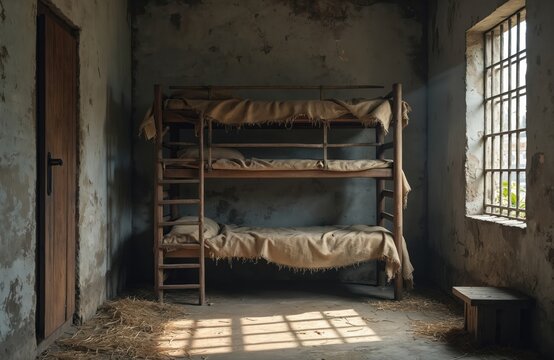 Empty historic prison cell with a wooden bunk bed. Sunlight shines through the barred window making shadows on the dirty floor. This grunge room shows grim conditions of old confinement inside a jail.