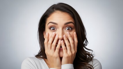 Young female adult with surprised expression and hands on face against grey background