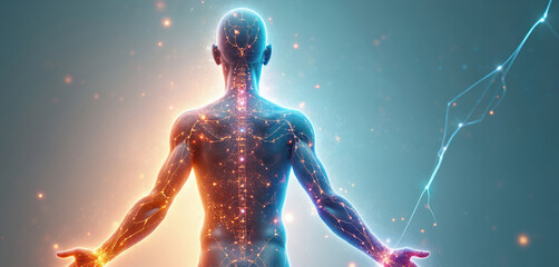 Human body with glowing meridians, energy channels. Person stands with back to camera, arms outstretched, showing flow of life force, vitality. Digital art with vibrant colors, abstract background.